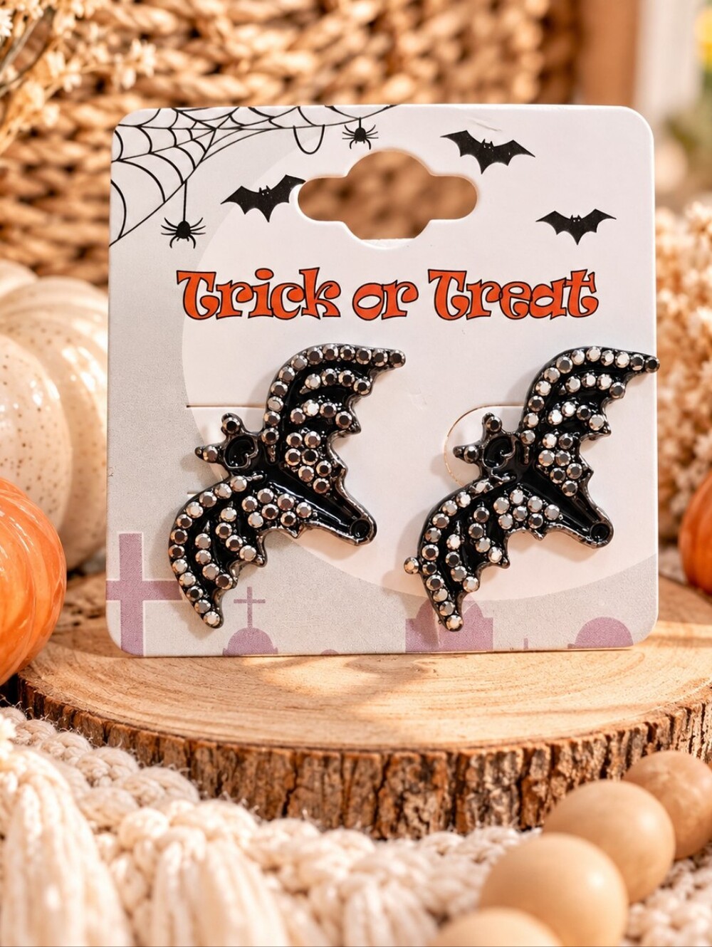 Trick or Treat Black Rhinestone Bat Earrings